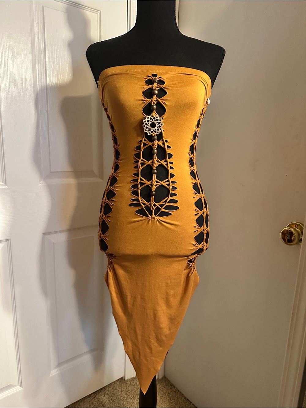 Strapless Mustard Cutout Bodycon Dress with Decorative Accent